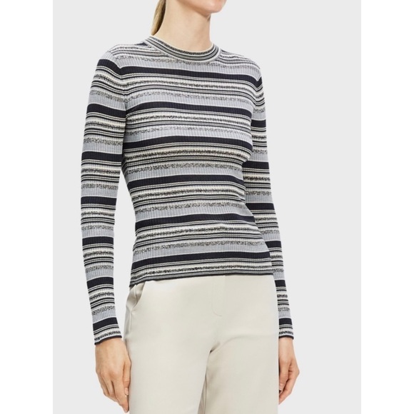 Theory Striped Rib Knit Top in Washable Silk - Picture 6 of 11